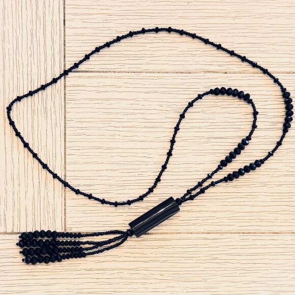 Vintage Black Onyx Tassel Necklace – 28" Natural Stone/Faceted Glass Beads - Picture 1 of 5